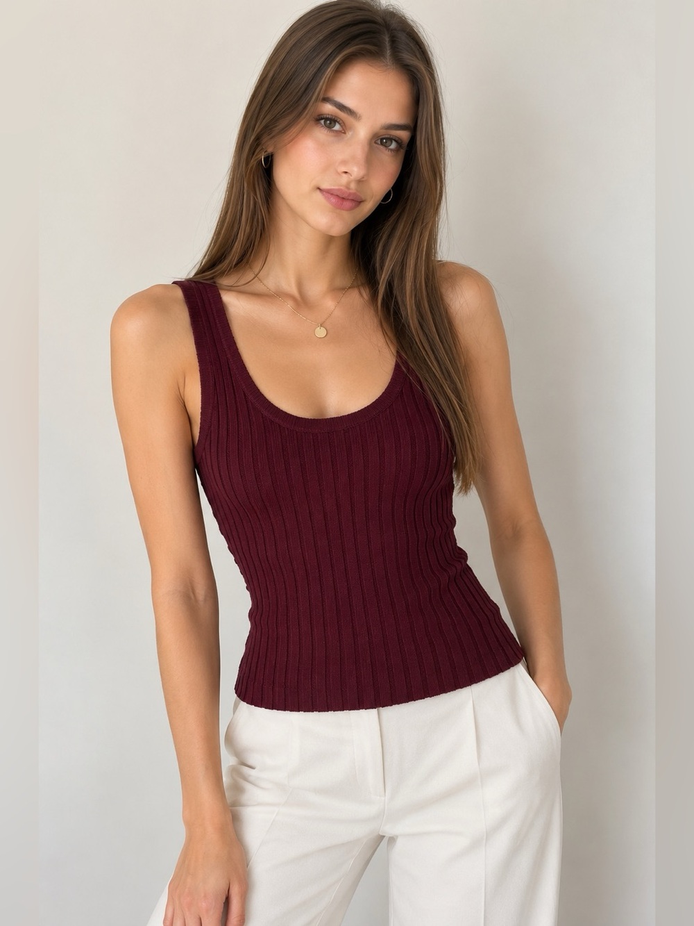 ZARA Knit Burgundy Ribbed Scoop Neck Sleeveless Top Size S
